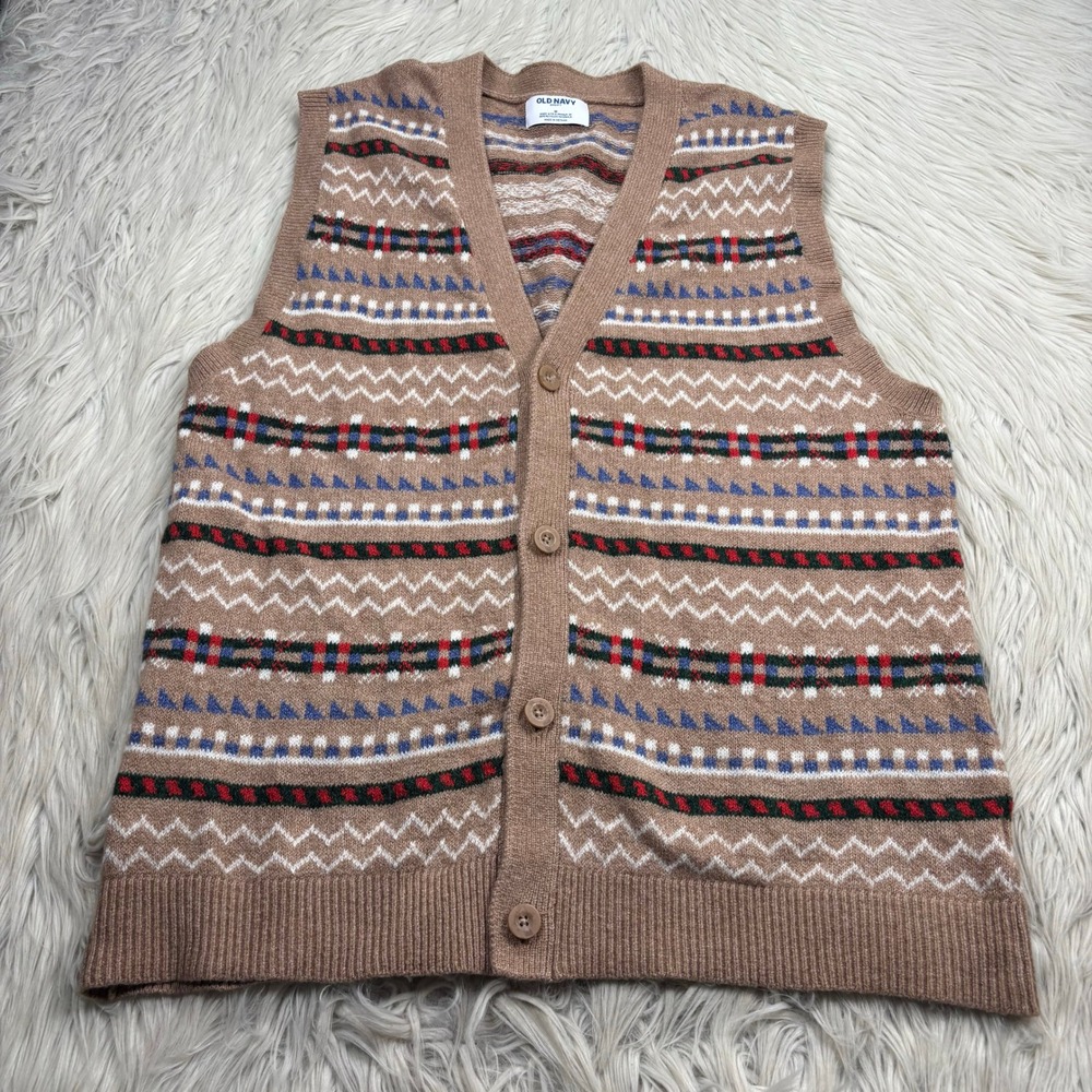 Old Navy Men's M Tan Multi Geo Button Front‎ Sweater Vest Sosoft Grandpacore